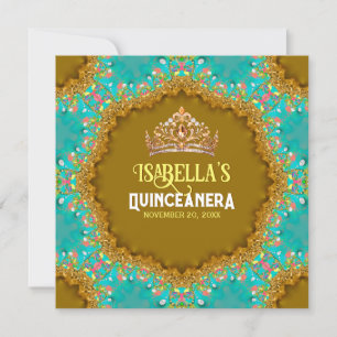 Turquoise gouden satijnen kant & Tiara Quinceañera Kaart