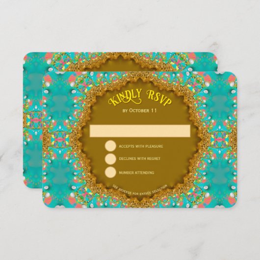 turquoise gouden satijnkant RSVP kaartje (Voorkant / Achterkant)