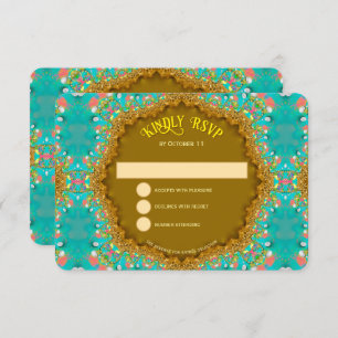 turquoise gouden satijnkant RSVP kaartje