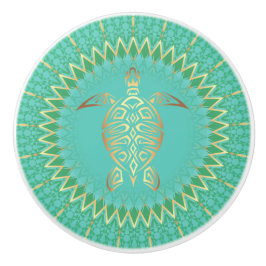 Turquoise Gouden Schildpad Dier Mandala Nautisch Keramische Knop