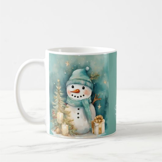 Turquoise & Gouden Sneeuwman met Kerstboom Koffiemok (Links)