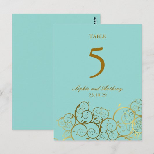 Turquoise & gouden spiralen Trouwtafel nummer Briefkaart (Voorkant / Achterkant)