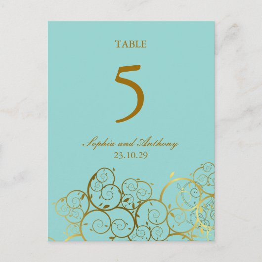 Turquoise & gouden spiralen Trouwtafel nummer Briefkaart (Voorkant)
