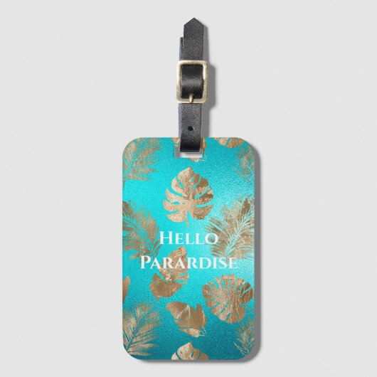 Turquoise gouden tropische bladeren bagagelabel (Voorkant (verticaal))