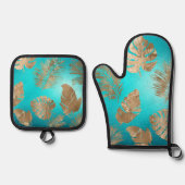 Turquoise gouden tropische bladeren ovenwant & pannenlap set (Voorkant)