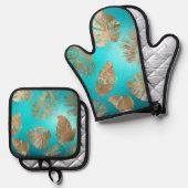 Turquoise gouden tropische bladeren ovenwant & pannenlap set (Voorkant / Achterkant)