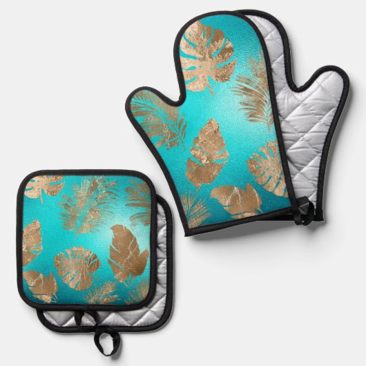 Turquoise gouden tropische bladeren ovenwant & pannenlap set (Voorkant / Achterkant)