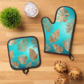 Turquoise gouden tropische bladeren ovenwant & pannenlap set (Top down)