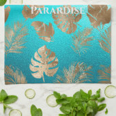 Turquoise gouden tropische bladeren theedoek (Gevouwen)