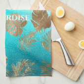 Turquoise gouden tropische bladeren theedoek (Quarter Fold)