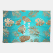 Turquoise gouden tropische bladeren theedoek (Horizontaal)