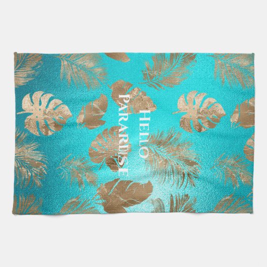 Turquoise gouden tropische bladeren theedoek (Horizontaal)