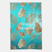 Turquoise gouden tropische bladeren theedoek (Verticaal)