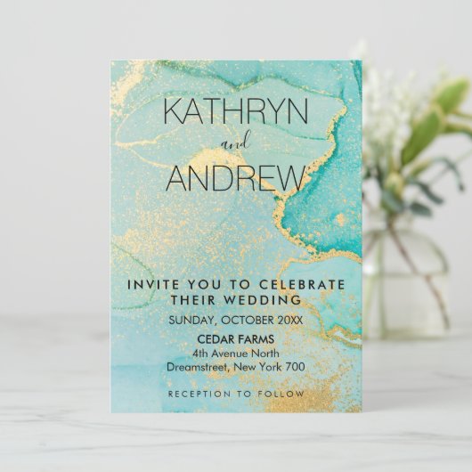 Turquoise Gouden Trouw Uitnodiging (Staand voorkant)