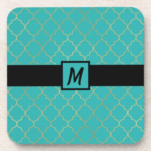Turquoise & Gouden Vierbladpatroon Bier Onderzetter (Voorkant)