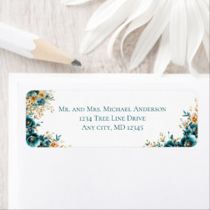 Turquoise Gouden Waterverf Bloem Retouradres Etiket