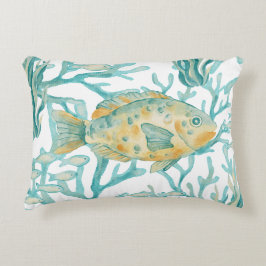 Turquoise Gouden Waterverf Vis Accent Kussen