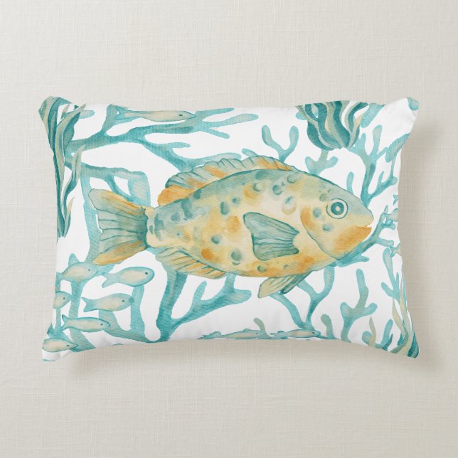 Turquoise Gouden Waterverf Vis Accent Kussen (Voorkant)