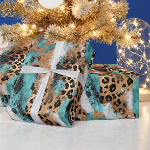 Turquoise gouden witte luipaard cadeaupapier