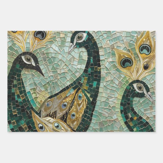 Turquoise Gouden Witte Peacocks Inpakpapier Vel (Voorkant 3)
