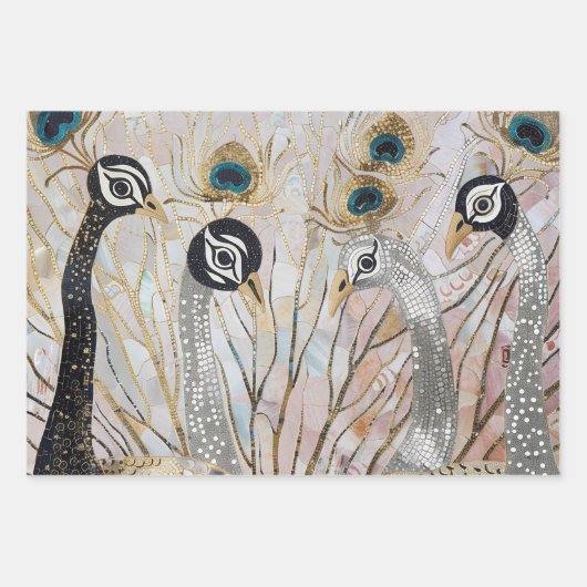 Turquoise Gouden Witte Peacocks Inpakpapier Vel (Voorkant)