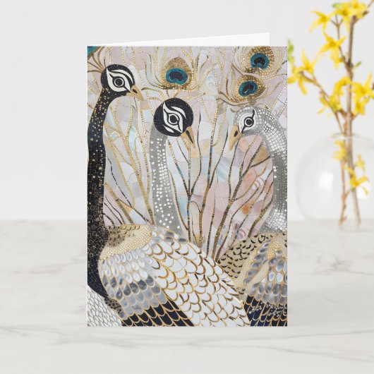 Turquoise Gouden Witte Peacocks Kaart (Gele Bloem)