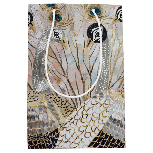 Turquoise Gouden Witte Peacocks Medium Cadeauzakje (Voorkant)