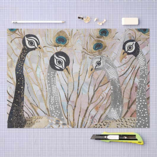 Turquoise Gouden Witte Peacocks Tissuepapier (Craft)