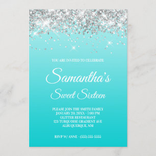 Turquoise Gradient Silver Glitter Sweet Sixteen Kaart
