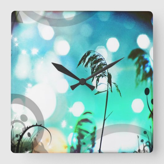 Turquoise Grass Art Sparkle Wall Clock Vierkante Klok (Voorkant)