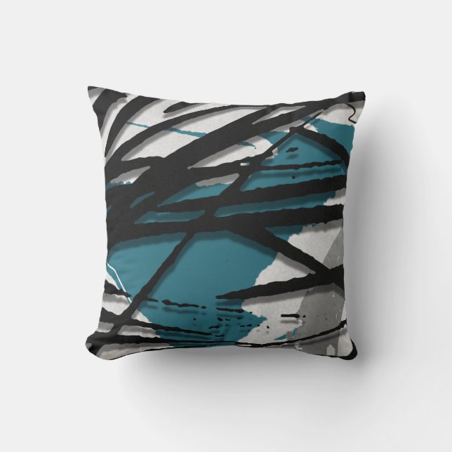Turquoise Gray & Black Abstracte Waterverf Kussen (Voorkant)