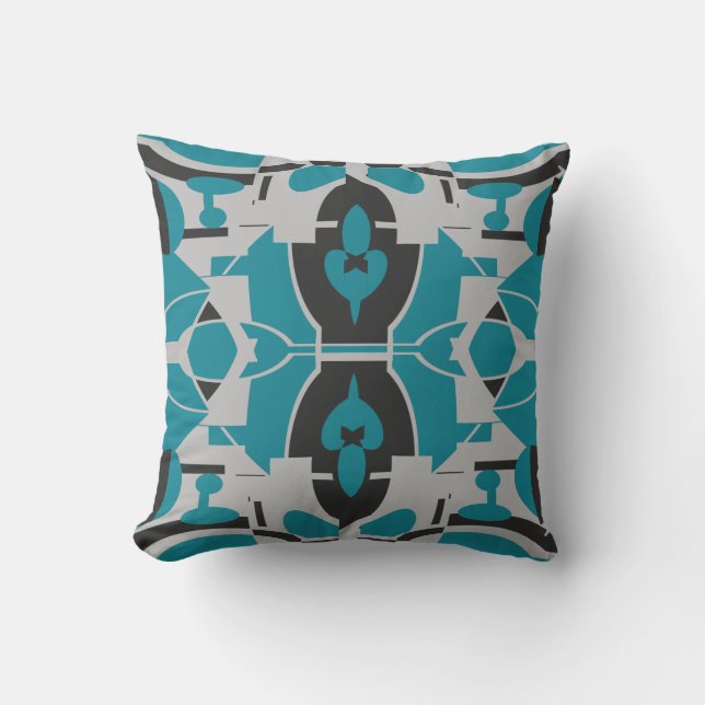 Turquoise Gray Black Mediterranean Mosaic Motif Kussen (Voorkant)