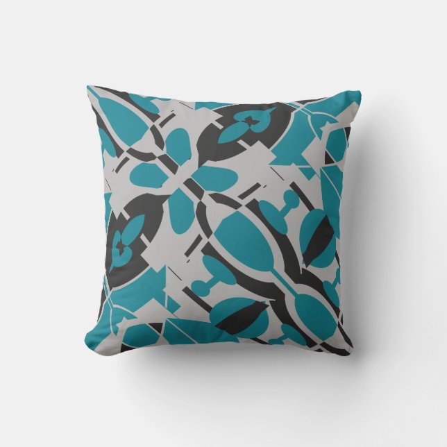 Turquoise Gray Black Mediterranean Slanted Mosaic Kussen (Voorkant)