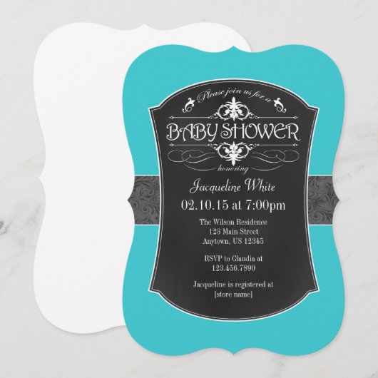 Turquoise Gray Chalkboard Baby shower Invitation Kaart (Voorkant / Achterkant)