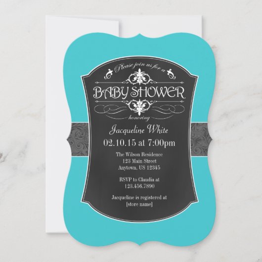 Turquoise Gray Chalkboard Baby shower Invitation Kaart (Voorkant)