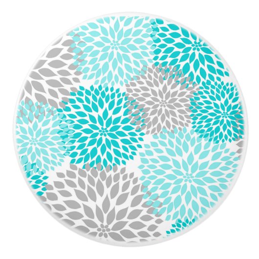 Turquoise Gray Dahlias bloesbloemen Keramische Knop (Voorkant)