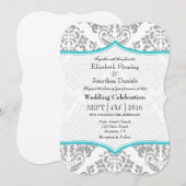Turquoise Gray Damask Bracket Wedding Invite Kaart (Voorkant / Achterkant)
