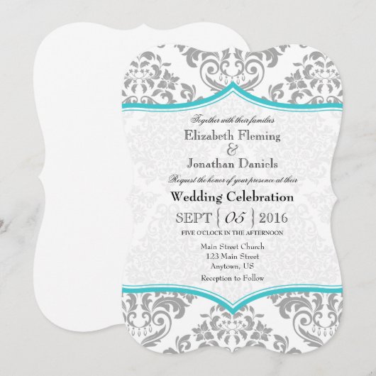 Turquoise Gray Damask Bracket Wedding Invite Kaart (Voorkant / Achterkant)