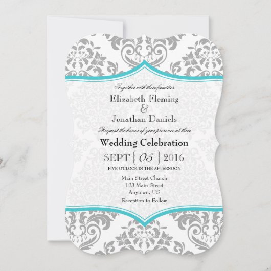 Turquoise Gray Damask Bracket Wedding Invite Kaart (Voorkant)