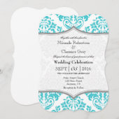 Turquoise Gray Damask Bracket Wedding Invite Kaart (Voorkant / Achterkant)