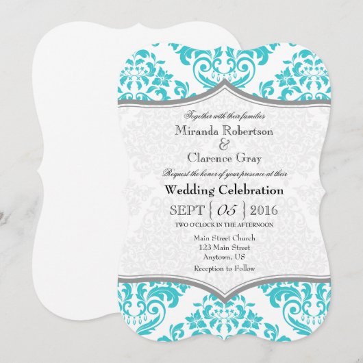 Turquoise Gray Damask Bracket Wedding Invite Kaart (Voorkant / Achterkant)