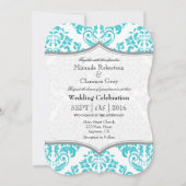 Turquoise Gray Damask Bracket Wedding Invite Kaart (Voorkant)