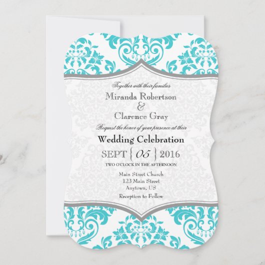 Turquoise Gray Damask Bracket Wedding Invite Kaart (Voorkant)