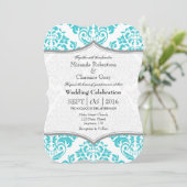 Turquoise Gray Damask Bracket Wedding Invite Kaart (Staand voorkant)