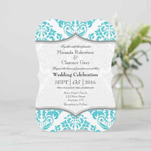 Turquoise Gray Damask Bracket Wedding Invite Kaart (Staand voorkant)