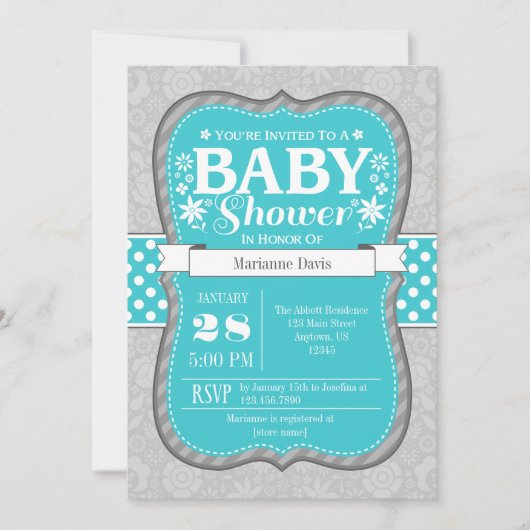 Turquoise Gray Floral Flower Baby shower Invites Kaart (Voorkant)