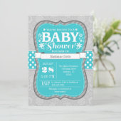 Turquoise Gray Floral Flower Baby shower Invites Kaart (Staand voorkant)