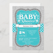 Turquoise Gray Floral Flower Baby shower Invites Kaart (Voorkant / Achterkant)