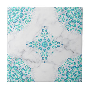 Turquoise Gray Marble Floral Geometric Tegeltje