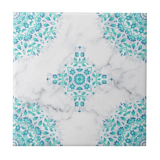 Turquoise Gray Marble Floral Geometric Tegeltje (Voorkant)